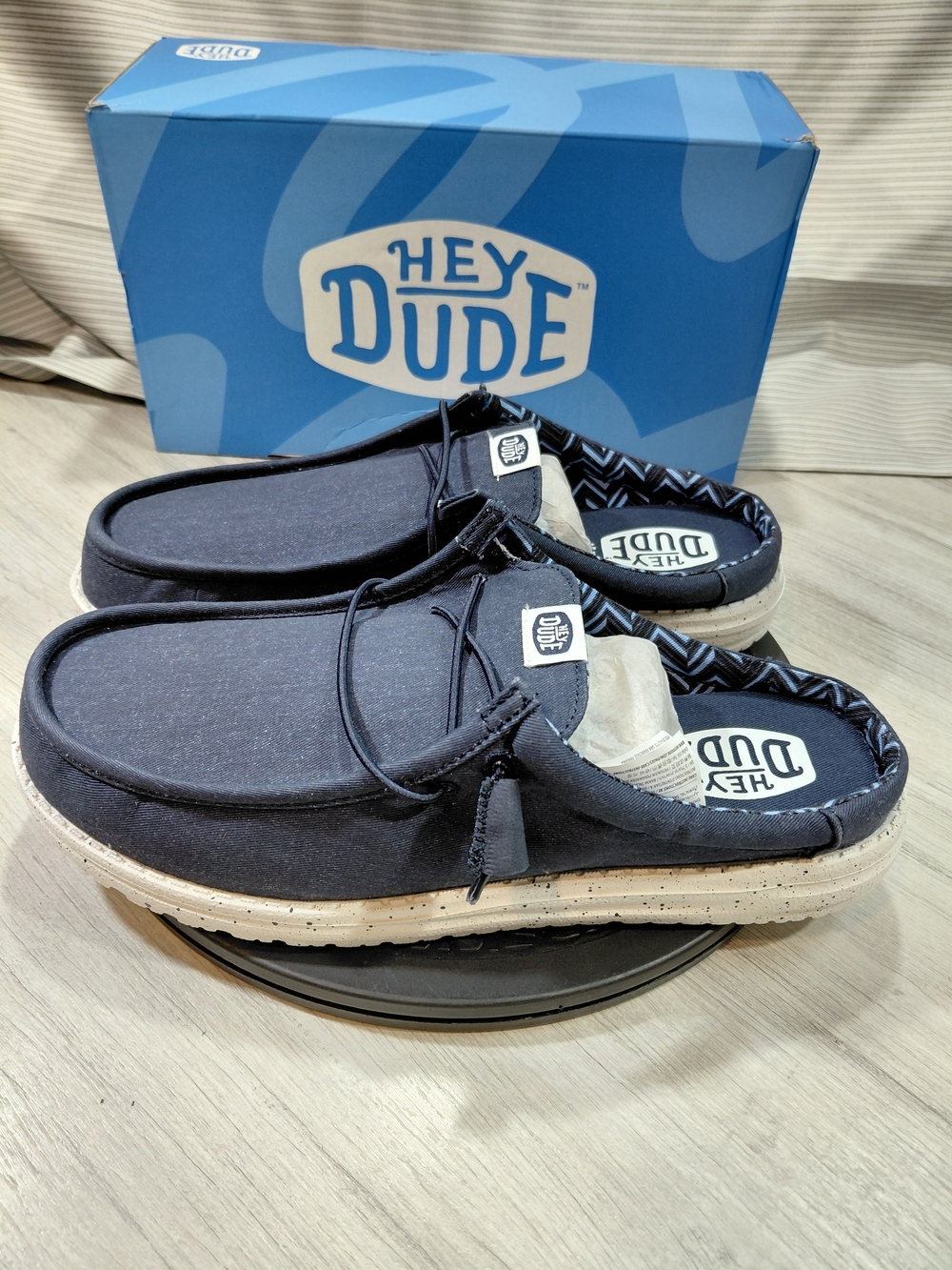 NWT Hey Dude Mens Wally Navy Slip Stretch Canvas Comfort Casual Shoes SIZE 12
